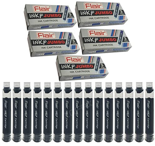 Flair 15 x Inky Jumbo Fountain Pens Standard BLACK Ink Cartridges Refills
