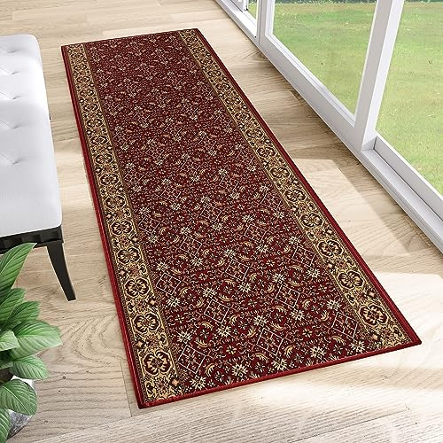 TAPISO Anti Rutsch Teppich Läufer rutschfest Brücke Meterware Oriental Rot Beige Ornament Floral Design Flur Küche Wohnzimmer 67 x 250 cm