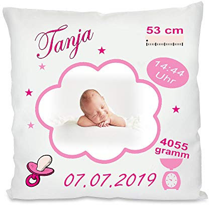 Fotokissen | Personalisiertes Kissen als Glückwunsch zur Geburt | Geschenke zur Geburt | Babygeschenk für Jungen und Mädchen (Mädchen mit Bild, ohne Kissenfüllung)