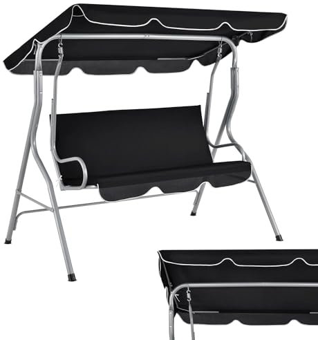 Juskys Hollywoodschaukel 3-Sitzer mit verstellbarem Dach & Sitzauflage - 200 kg belastbar - wasserabweisendes Polyester - Anti-Rutsch-Füße - Schaukelbank für Garten & Terrasse - schwarz