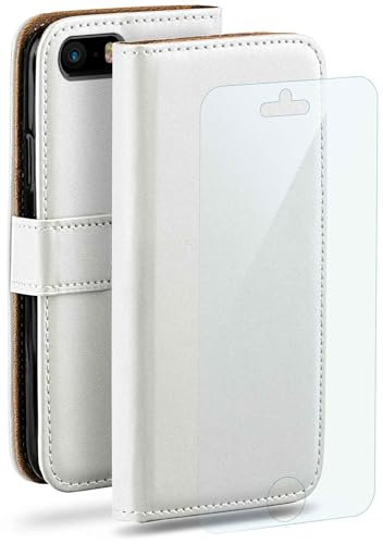 moex 4 in 1 Set für iPhone 5s / 5 / SE (2016) Hülle mit 3X Schutzfolie, Handyhülle Kartenfach [Book Case Klapphülle + FlexProtect Folie] Schutzhülle 360 Grad Komplettschutz, Weiß