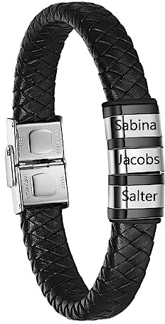 Bosajewel Personalisiertes Lederarmband für Herren Silber Name Perlen Charm Armbänder Verschluss mit Magneten Graviert 3 Name ID Herren Schmuck Armband für Vater Freund