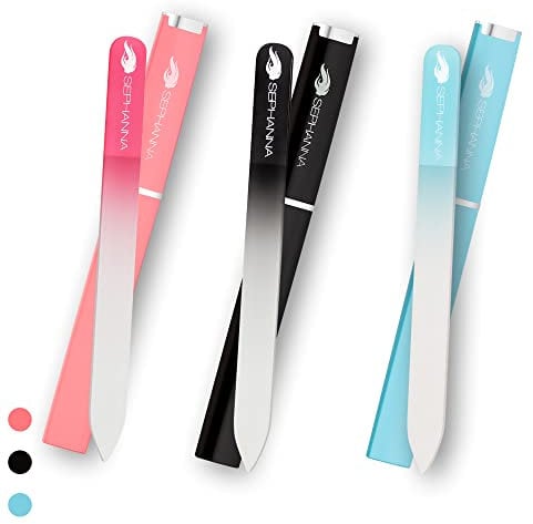 Sephanna Pack de 3 limas de cristal premium para uñas de cristal de ultra calidad unisex con funda para mani y pedicura, acabado suave para uñas naturales y acrílicas.