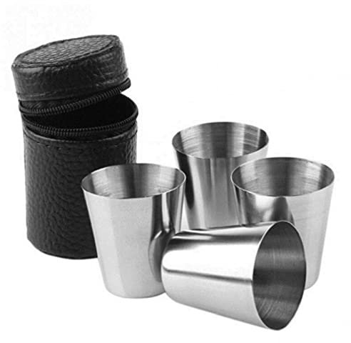 Pinicecore Stainless Steel Shot Cups Shot Glass Drinking Metal Shooters Leather Cup Holder for Whiskey Tequila Liquor Great Barware Gift 4pcs/set