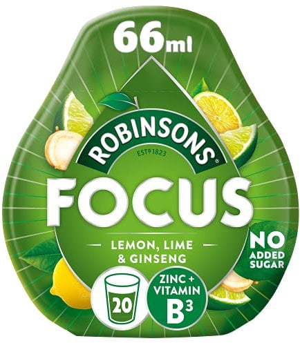 Robinsons Focus Benefit Drops Lemon, Lime & Ginseng with Vitamin B3 and Zinc - With Real Fruit Juice - No Artificial Colours - No Added Sugar - Perfect for Travel - 66ml