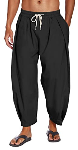 COOFANDY Men's Cotton Linen Pants Loose Fit Lightweight Beach Pants Elastic Waist Casual Yoga Pants Black
