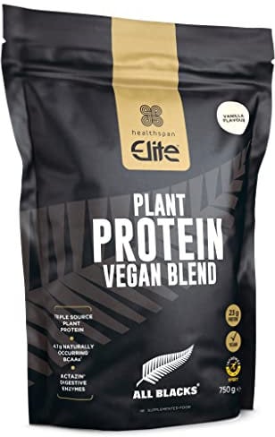 Healthspan Elite All Blacks Plant Protein Vegan Blend (750g) | 23g Protein Per Serving | Advanced Formula of 3 Plant-Based Proteins | Natural Sweetener (Vanilla)