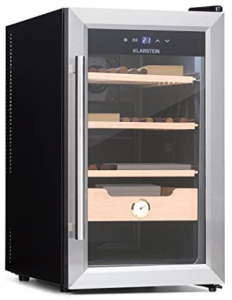 KLARSTEIN El Presidente - Cave à cigares électrique avec Porte vitrée, humidificateur à cigares avec tiroirs en Bois de cèdre, hygromètre, éclairage intérieur LED, 50 litres - Argent
