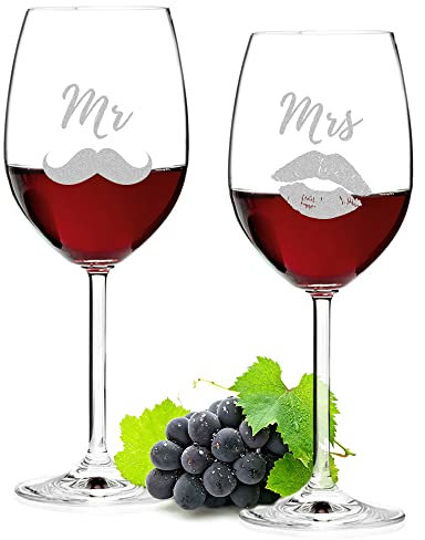 polar-effekt Leonardo Weinglas 2er-Set mit Gravur - 460 ml Volumen - Weingläser Mann und Frau - Stielglas für Hochzeit, Heirat, Trauung - Ehepaar, Paar - Kelch mit Wunschmotiv - Motiv Mr. und Mrs