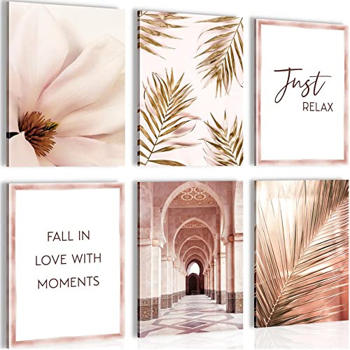 Novart Wandbilder - KEIN EXTRA RAHMEN BENÖTIGT - Wohnzimmer Schlafzimmer - Bilder Modern Oriental Marokko Palme - Rosa Beige - N006065a