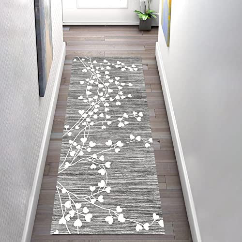 Teppich Läufer Küche Flur rutschfest 90×350cm, Grau Lang Modern Waschbar Vintage Polyester Korridor TeppichLäufer für Schlafzimmer Wohnzimmer Fußmatten, Breite 60cm/ 80cm/ 100cm/ 120cm