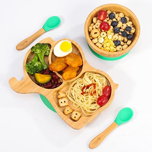 Vinsani Bamboo Elephant Plate Bowl and Spoon Set for Baby Toddler Kids Children, Suction Plate, Stay-Put Non-Slip Base Design, Hypoallergenic, Food-grade Silicone and BPA-Free Baby Feeding Set (Green)
