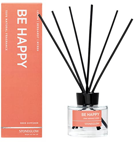 Stoneglow Wellbeing Be Happy 100% Natural Essential Oil Scented Reed Diffuser 140ml - Lemon Bergamot Myrrh Notes, Lasts 12 Weeks, 10 Rattan Reeds, Refillable & Reusable, Premium Air Freshener