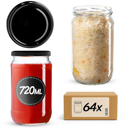 KADAX 64er Set Einmachgläser 720ml TO82 Schwarz, Große Sturzgläser mit Schraubdeckel, Einkochgläser Fermentierglas für Gurken, Gemüse, Sauerteig