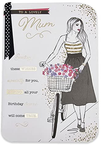 Traditionelle Geburtstagskarte für Mama – Größe 24 cm x 16 cm – 100 % recycelbar – umweltfreundlich – mit Liebe erhalten (Dame mit Fahrrad)