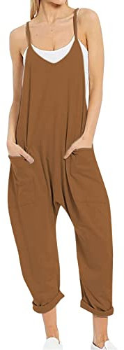Salopette da donna, pantaloni da lavoro, tuta da donna, estiva, larga, oversize, tinta unita, elegante, salopette vintage, salopette leggere, marrone, m