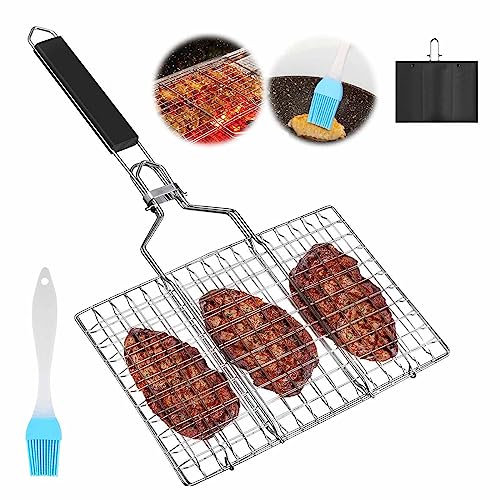 BBQ Grilling Basket, Portable BBQ Grill Basket, Foldable Stainless Steel Barbecue Grill Basket, Stainless Steel Fish Grill Basket with Removable Handle for Grilling Vegetables, Fishes, Shrimp
