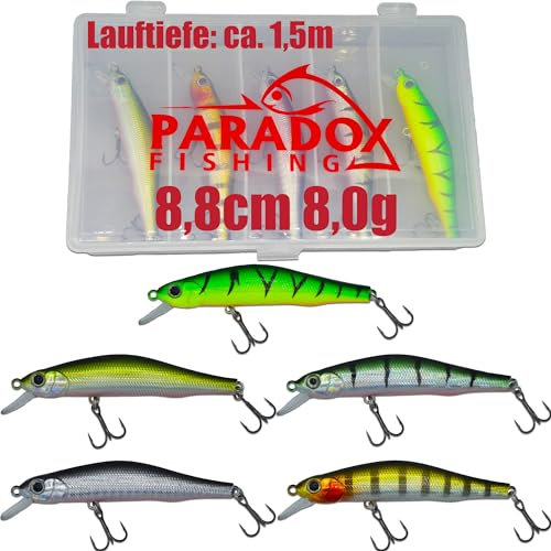 Paradox Fishing Wobbler Set I 5 Stück 8,0g 8,8cm mit Box I Hecht Köder Zander Köder Barsch Köder