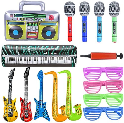 Inflatable Party Props Guitar Inflatable Saxophone Microphone Balloons Fun Musical Instruments Accessories for Pool Birthday Party Supplies Favors Photo Booth Props 80s 90s Carnival Disco Party