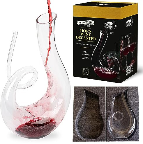 Le Portteus Wine Decanter Swan Design, Modern And Unique Horn Decanter With Slanted Spout - Luxurious Wine Aerator, Hand Blown Crystal Decanter- Excellent Housewarming/Wedding Wine Gift-750ml Capacity