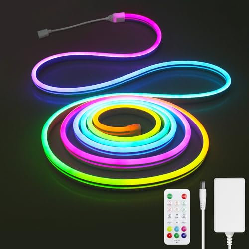 Aclorol RGB+IC Neon LED Streifen 5M Dimmbar LED Strip Outdoor Wasserdicht Flexibel Leiste 24V Musik-Sync Segment DIY Design Arbeitet mit Bluetooth Fernbedienung für Schlafzimmer, Wand Deko