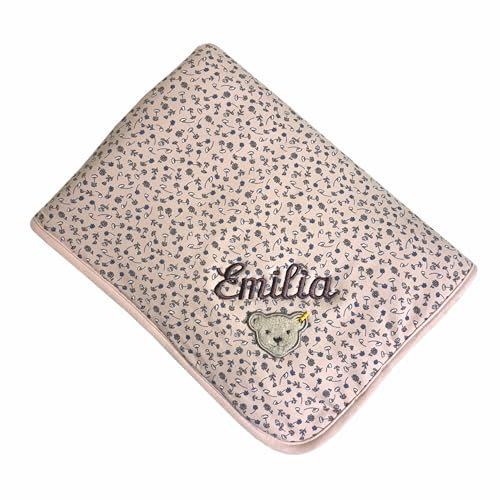 Steiff Babydecke mit Blümchenprint mit Ihrem Wunsch-Namen Bestickt rosa Seashell pink 90 cm x 60 cm als Namensdecke personalisierte Krabbeldecke