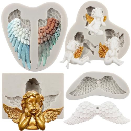 MYPRACS Lot de 4 moules en silicone en forme d'ailes d'ange pour décoration de gâteau de fête prénatale, décoration de cupcakes, bonbons, chocolat, argile polymère