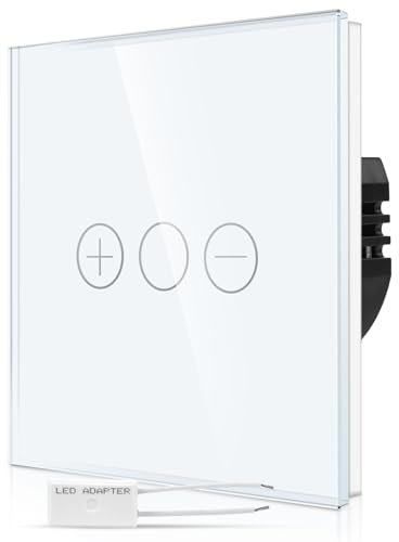 CNBINGO Dimmer Touch Light Switch - White Wall Switch with Glass Panel and Status LED Backlight - 1 Gang - 3 Buttons