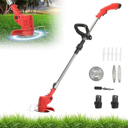Akku-Rasentrimmer,12V Gartentrimmer mit 2 Batterien und 1 Ladegerät,18000R/min Kabelloser Rasentrimmer Kantenschneider mit verstellbare Teleskopstange,Leichter Freischneider,450W Gartenmäher