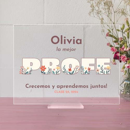 Transparent Gift Placa Personalizada con Texto Profe Flores. Regalos para Profesores. Regalos para Profesoras. Regalos Personalizados para Mujer y Hombre. Regalos Personalizados. Placa de Metacrilato