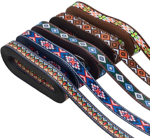 FINGERINSPIRE Jacquardbandbesatz 22.8 m 15 mm Breit 5 Stile Vintage Blumen Band Mit Rautenmuster Spitzenbesatz Im Boho Stil Band Zum Nähen Für Heimwerkerarbeiten Kleidung Kunsthandwerk Dekoration