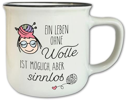 Frida's Wollhaus Tasse #1 Creme-Weiß mit Spruch ″Ein Leben ohne Wolle ist möglich, aber sinnlos″ Motivtasse Vintage Geschenk Stricken Häkeln 330 ml