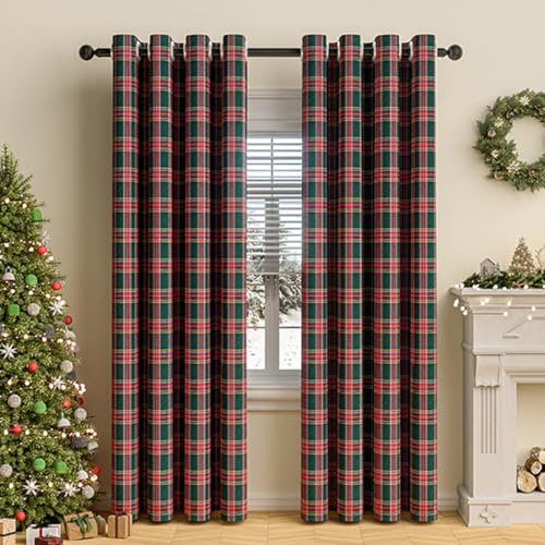 Tokusyou Kariert Gardinen Blickdicht Vorhänge Karo Muster Landhausstil Vintage Rot Grün Baumwolle und Leinen Vorhang mit Ösen Weihnachten Dekoschal für Wohnzimmer Kinderzimmer, 1 Stück H183 X B132cm