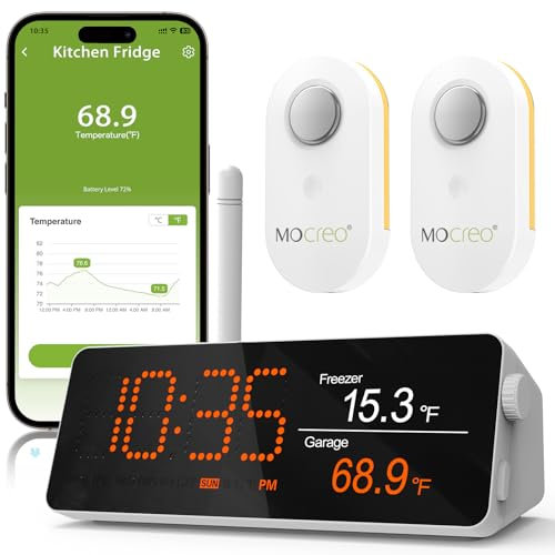 MOCREO WiFi Remote Thermometer Freezer Alarm, 1/3 Mile Long Range, IP66 Waterproof, App Email Alert, with Digital Monitor Hub, 2 Smart Wireless Temperature Sensors for Fridge, RV, Greenhouse