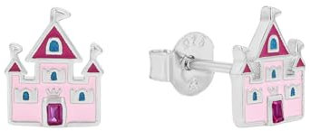Prinzessin Lillifee Ohrstecker 925 Sterling Silber Mädchen Kinder Ohrschmuck, mit Zirkonia synth., 0,9 cm, Rosa, Schloss, Kommt in Schmuck Geschenk Box, 2039763