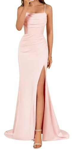 KURFACE Abito da sera formale a sirena con spalline sottili in raso per donne con corsetto a fessura, Rosa cipria, 24 Più