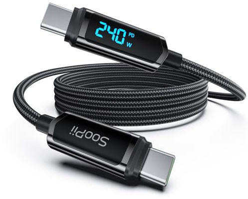 SooPii 240W Nylon USB C auf USB C Kabel mit LED Display, [1.2M], Schwarz | Ladekabel USB C Ladegerät für lPhone 17/16Pro/15 Pro Max, Galaxy S25/24,MacBook Pro Air, iPad Pro Air