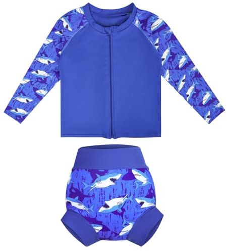 FLYISH DIRECT Traje de baño Infantil bebé niño de 2 Piezas Anti-UV, UPF 50+ Niño Camiseta Natación Manga Larga con Cremallera + Pañal Natación Reutilizable, Rashguard Niño Tiburón Secado Rápido, M