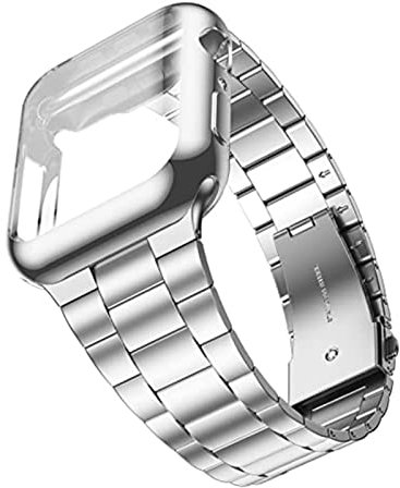 LPMPCZKZGF Strap + Funda Compatible con Apple Watch 7 45mm 41mm Metal Acero inoxidable Muñeca integrada Compatible con iWatch 6 5 4 3 SE 44mm 42mm 40mm 38mm Funda Watch strap(Silver with Cas,42mm)