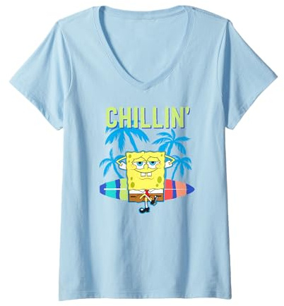 Damen Sponge Bob - Schwammkopf Chillin' Surfboard T-Shirt mit V-Ausschnitt