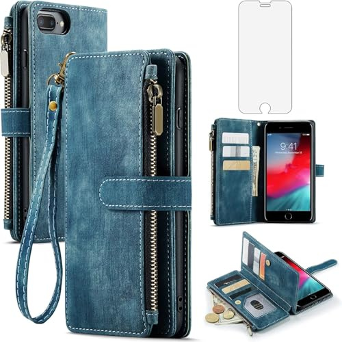 Asuwish Coque pour iPhone 7 Plus/8 Plus Portefeuille avec Verre Trempé et Porte Carte Chaine PU Cuir à Clapet Étui Housse Support i 7Plus 8Plus + 7+ 8+ Téléphone Vitre Protege Case Femme Homme Bleu