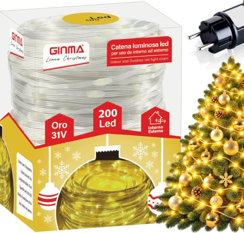 GINMA - Luci Natale LED Interno e Esterno con 8 Effetti Luce, Certificate IP44, Basso Consumo e Impermeabili - Cavo Trasparente (Oro, 14 Metri (200 LED))