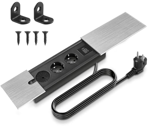Regleta de enchufes empotrable, 2 enchufes con USB C y Tapa Deslizante | enchufe de mesa, enchufe empotrado, para escritorio, cocina, oficina, mesa de sofá, mesa de conferencias, color plateado