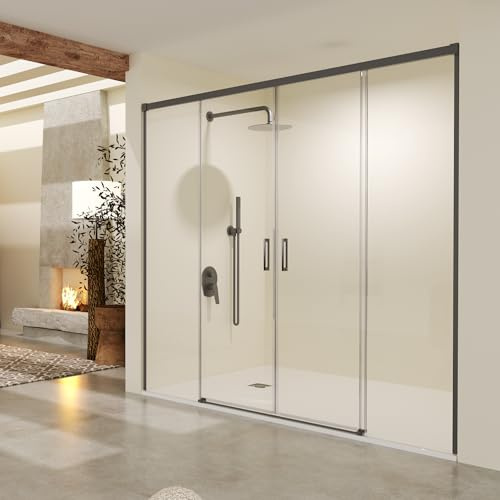 IMEX - Mampara Ducha Dos Puertas Negra Frontal 2 Fijas + 2 Correderas 180cm | Mampara de Cristal Reversible y Antical con Ancho Adaptable 176 a 181cm | Perfilería de Aluminio con 195cm de Altura