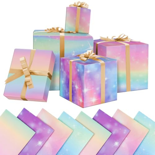GAOHUI Geschenkpapier, 8 Stück Regenbogen Farbverlauf Geschenkpapier Geburtstag, Wrapping Paper Kinder Perfekt für Muttertag, Valentinstag, Party, Geburtstag für Frauen und Mädchen, mit Klebeband