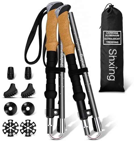 Shxing Faltbare Wanderstöcke 2er Set, Carbon 3K & Aluminium 7050, Verstellbar 110-135 cm, Korkgriff mit Eva-Verlängerung, 35 cm Faltmaß, für Wandern, Reisen und Nordic Walking, Grau