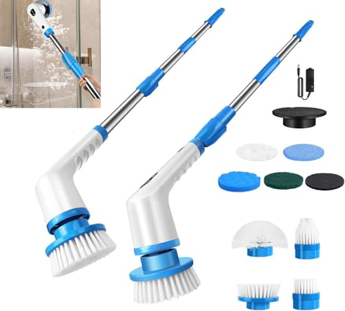 Electric Spin Scrubber，9 in 1 Electric Cleaning Brush with Extension Handle and 9 Replaceable Brush Heads,Power Scrubber 2 Speeds, electric scrubber suitable for Tub Shower Tile Floor, White+Blue
