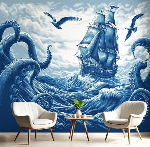 GSAEIMCT Octopus Sailboat Wallpaper, Blue White Retro Nautical Wallpaper Mural, Silk Decor Wall Paper, Photo Mural for Room, Hallway, Lounge, 300X210Cm