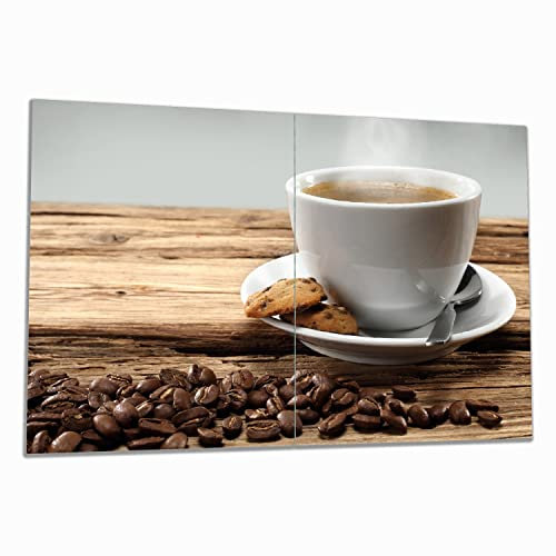 Wallario Herdabdeckplatte/Spritzschutz aus Glas, 2-teilig, 80x52cm, für Ceran- und Induktionsherde, Heiße Tasse Kaffee mit Kaffeebohnen