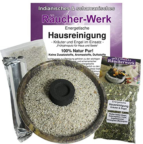 Naturheilmittel Heilsteine Methusalem GmbH Neu-Ulm Energetische Hausreinigung KRÄUTER & Engel zum RÄUCHERN + AUSRÄUCHERN von Haus & Wohnung 5-TLG Set 12cm Räucherschale + ZUBEHÖR. 81096